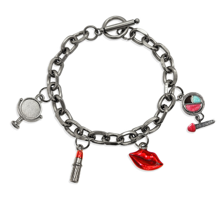 Whimsical Gifts | Makeup Artist Toggle Charm Bracelet | 4 Handpainted Charms | Antique Gold or Antique Silver Finish in Antique Silver Finish | Professions Themed | Salon & Spa Professions Jewelry