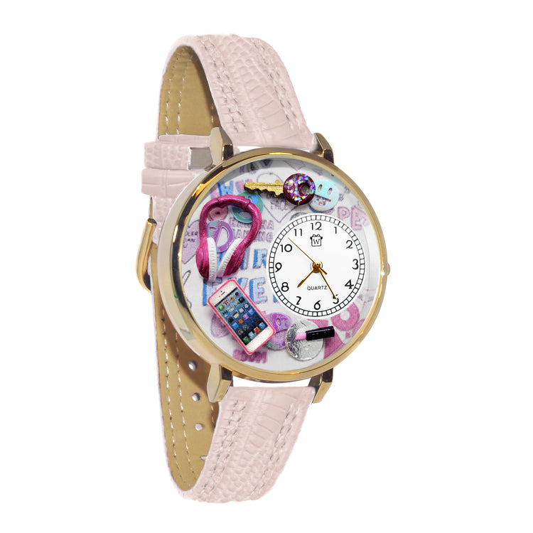 Whimsical Gifts | Teen Girl 3D Watch Large Style | Handmade in USA | Youth Themed | Novelty Unique Fun Miniatures Gift | Gold Finish Pink Leather Watch Band