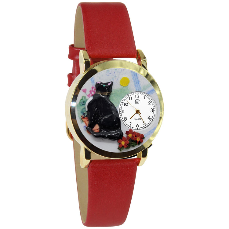 Whimsical Gifts | Basking Cat 3D Watch Small Style | Handmade in USA | Animal Lover | Cat Lover | Novelty Unique Fun Miniatures Gift | Gold Finish Red Leather Watch Band