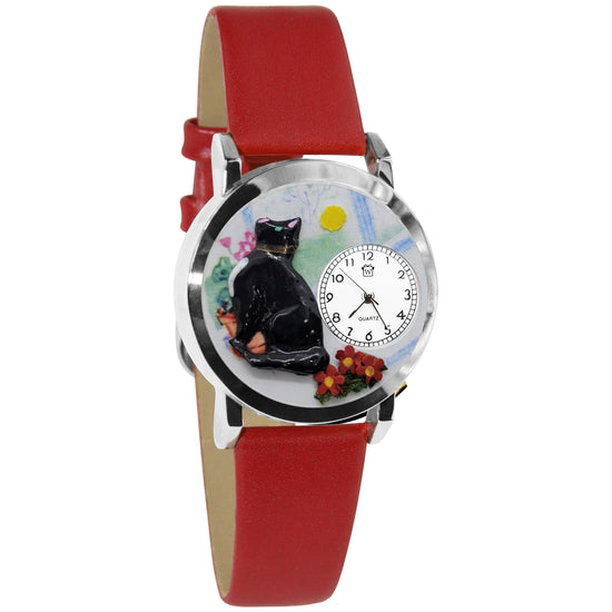 Whimsical Gifts | Basking Cat 3D Watch Small Style | Handmade in USA | Animal Lover | Cat Lover | Novelty Unique Fun Miniatures Gift | Silver Finish Red Leather Watch Band