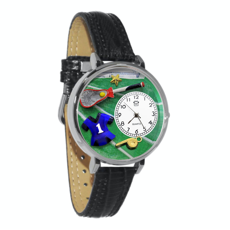 Whimsical Gifts | Lacrosse 3D Watch Large Style | Handmade in USA | Hobbies & Special Interests | Sports | Novelty Unique Fun Miniatures Gift | Silver Finish Skirt Black Leather Watch Band
