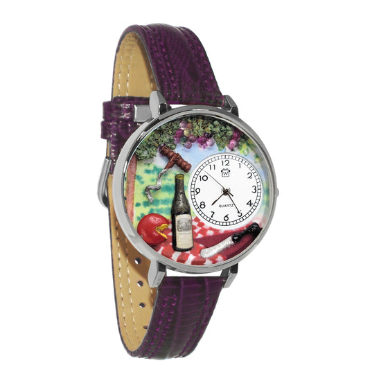 Whimsical Gifts | Wine & Cheese 3D Watch Large Style | Handmade in USA | Hobbies & Special Interests | Food & Wine | Novelty Unique Fun Miniatures Gift | Silver Finish Purple Leather Watch Band