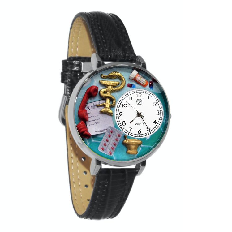 Whimsical Gifts | Pharmacist 3D Watch Large Style | Handmade in USA | Professions Themed | Medical Professions | Novelty Unique Fun Miniatures Gift | Silver Finish Black Leather Watch Band