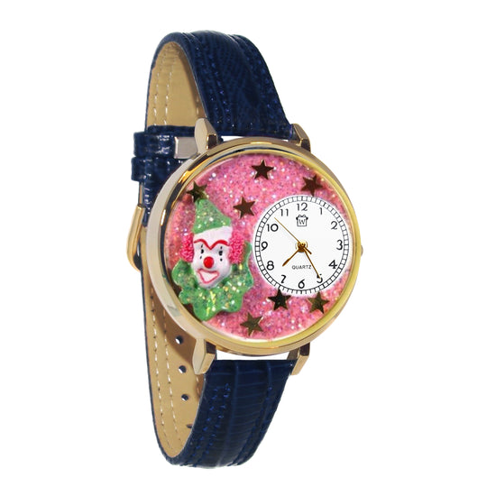 Whimsical Gifts | Glitter Clown 3D Watch Large Style | Handmade in USA | Youth Themed | | Novelty Unique Fun Miniatures Gift | Gold Finish Pink Leather Watch Band