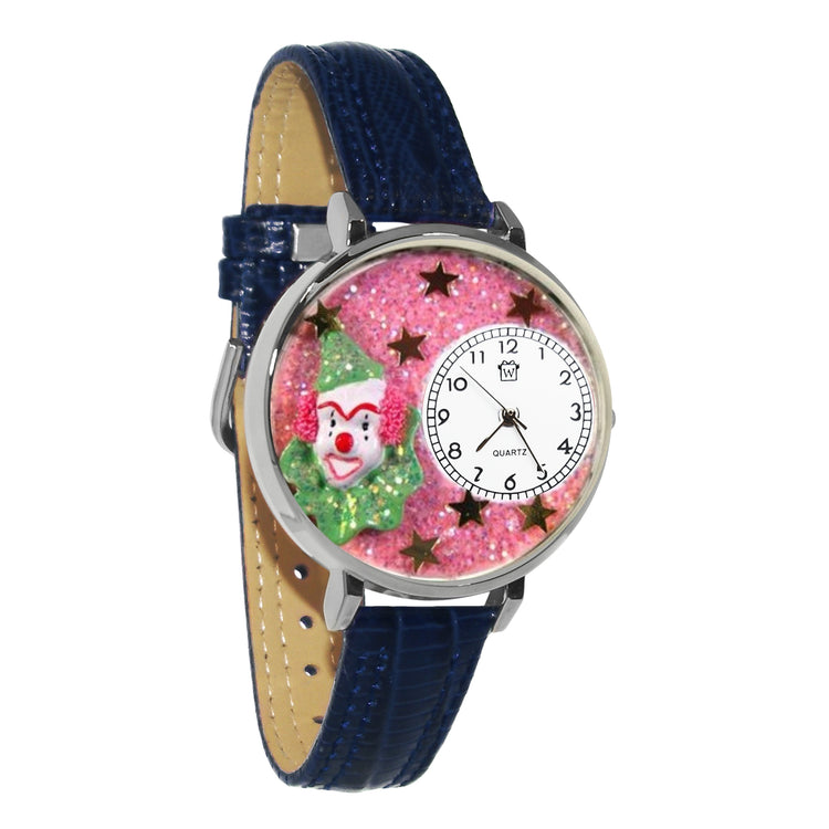 Whimsical Gifts | Glitter Clown 3D Watch Large Style | Handmade in USA | Youth Themed | | Novelty Unique Fun Miniatures Gift | Silver Finish Pink Leather Watch Band