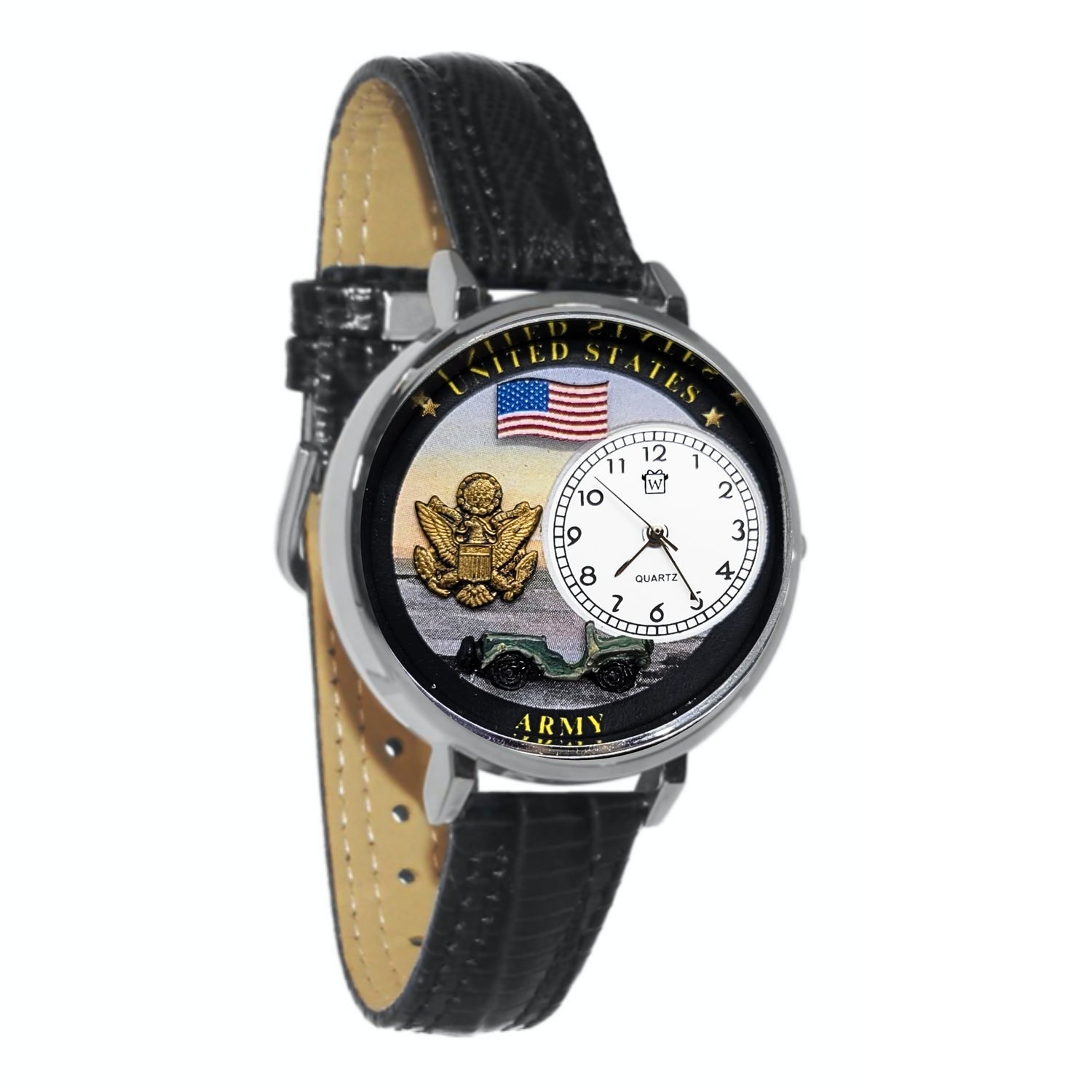 Whimsical Gifts | United States Army 3D Watch Large Style | Handmade in USA | Patriotic |  | Novelty Unique Fun Miniatures Gift | Silver Finish Black Leather Watch Band