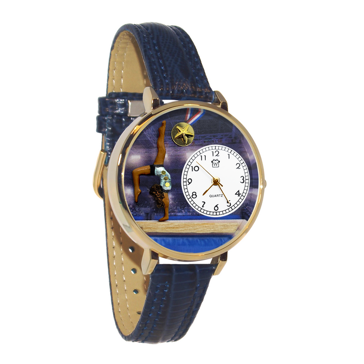 Whimsical Gifts | Gymnastics 3D Watch Large Style | Handmade in USA | Hobbies & Special Interests | Sports | Novelty Unique Fun Miniatures Gift | Dark Skin Tone | Gold  Finish Navy Blue Leather Watch Band