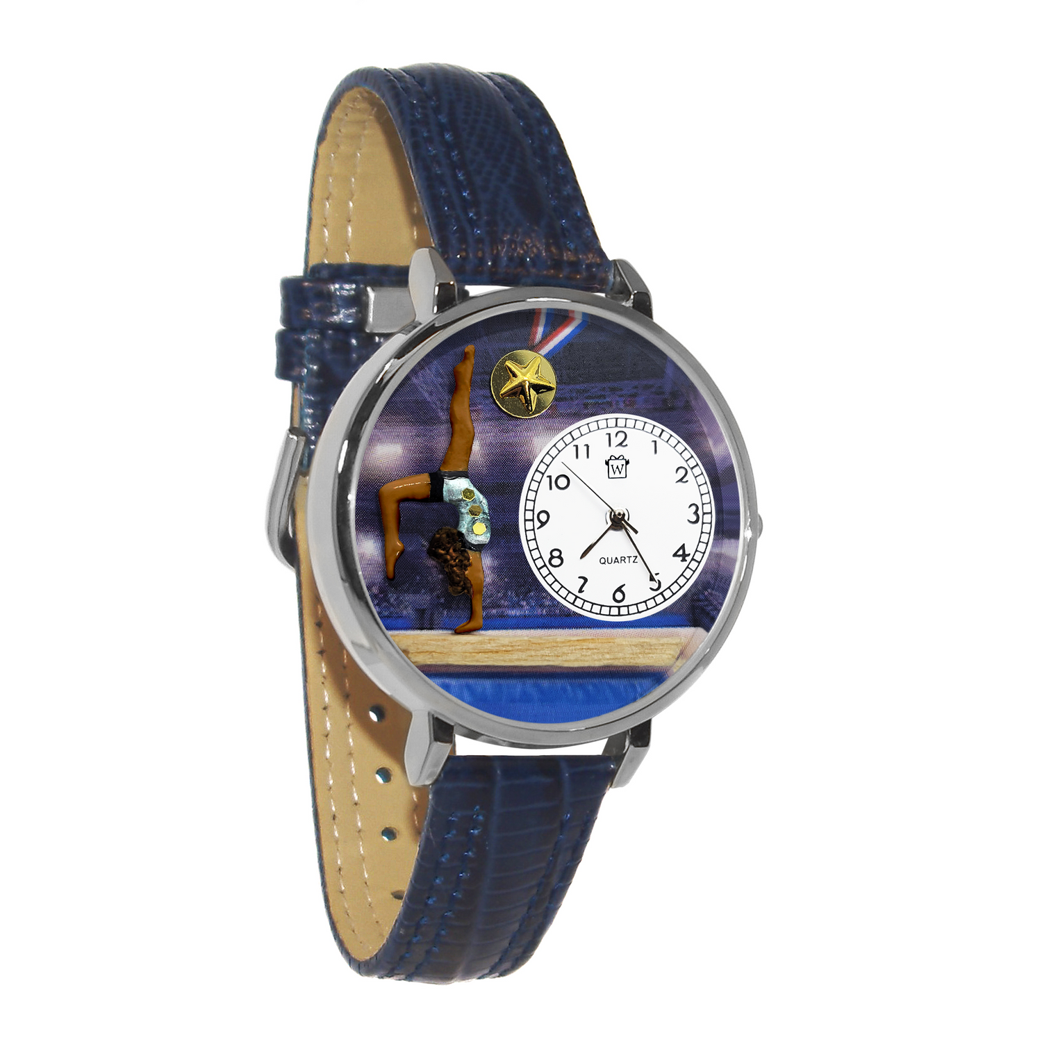 Whimsical Gifts | Gymnastics 3D Watch Large Style | Handmade in USA | Hobbies & Special Interests | Sports | Novelty Unique Fun Miniatures Gift | Dark Skin Tone | Silver Finish Navy Blue Leather Watch Band