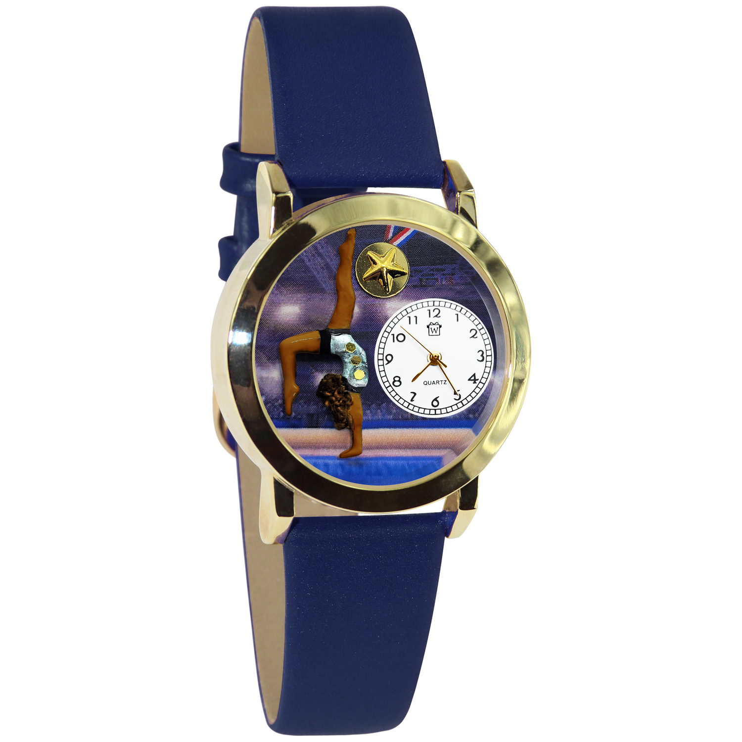 Whimsical Gifts | Gymnastics 3D Watch Small Style | Handmade in USA | Hobbies & Special Interests | Sports | Novelty Unique Fun Miniatures Gift | Dark Skin Tone | Gold Finish Blue Leather Watch Band