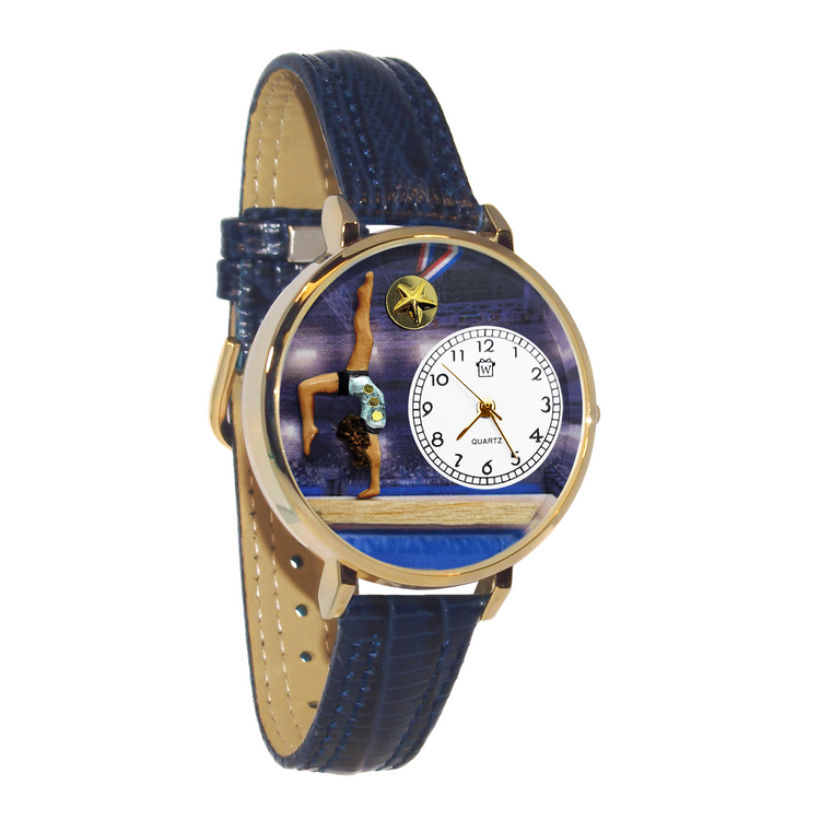 Whimsical Gifts | Gymnastics 3D Watch Large Style | Handmade in USA | Hobbies & Special Interests | Sports | Novelty Unique Fun Miniatures Gift | Medium Skin Tone | Gold Finish Navy Blue Leather Watch Band