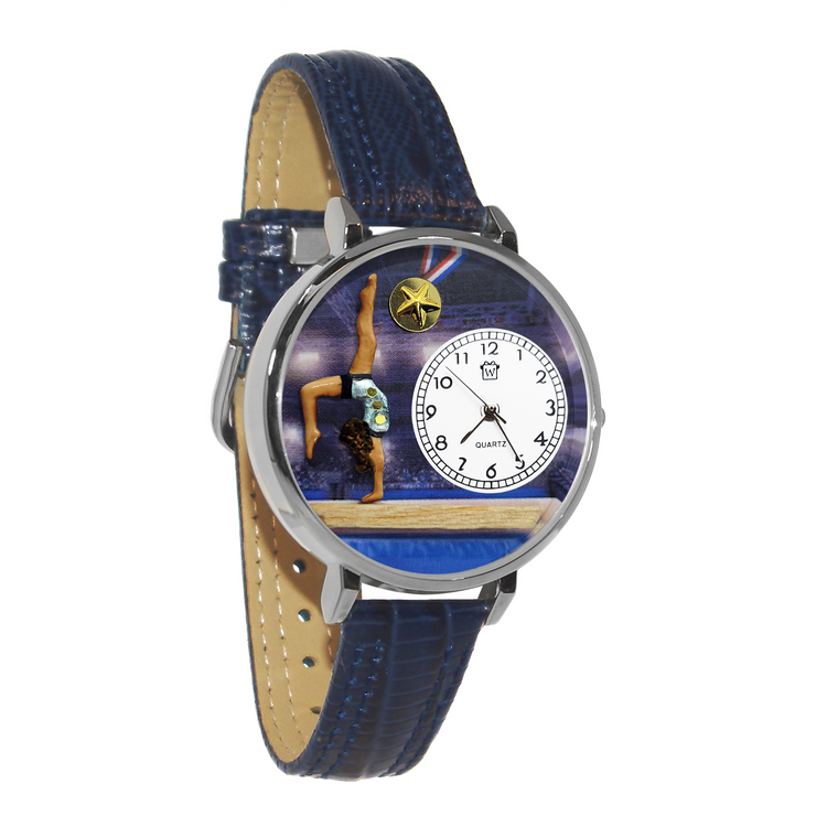 Whimsical Gifts | Gymnastics 3D Watch Large Style | Handmade in USA | Hobbies & Special Interests | Sports | Novelty Unique Fun Miniatures Gift | Medium Skin Tone | Silver Finish Navy Blue Leather Watch Band