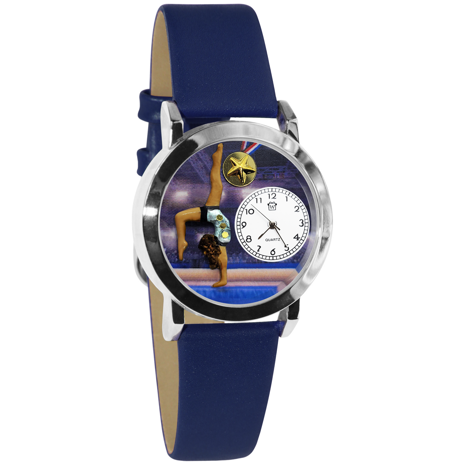 Whimsical Gifts | Gymnastics 3D Watch Small Style | Handmade in USA | Hobbies & Special Interests | Sports | Novelty Unique Fun Miniatures Gift | Medium Skin Tone | Silver Finish Blue Leather Watch Band