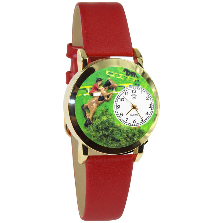 Whimsical Gifts | Horse Jumping Competition Equestrian 3D Watch Small Style | Handmade in USA | Animal Lover | Horse & Equestrian | Novelty Unique Fun Miniatures Gift | Gold Finish Red Leather Watch Band