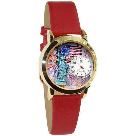 Whimsical Gifts | Statue of Liberty | 4th of July 3D Watch Small Style | Handmade in USA | Patriotic |  | Novelty Unique Fun Miniatures Gift | Gold Finish Red Leather Watch Band