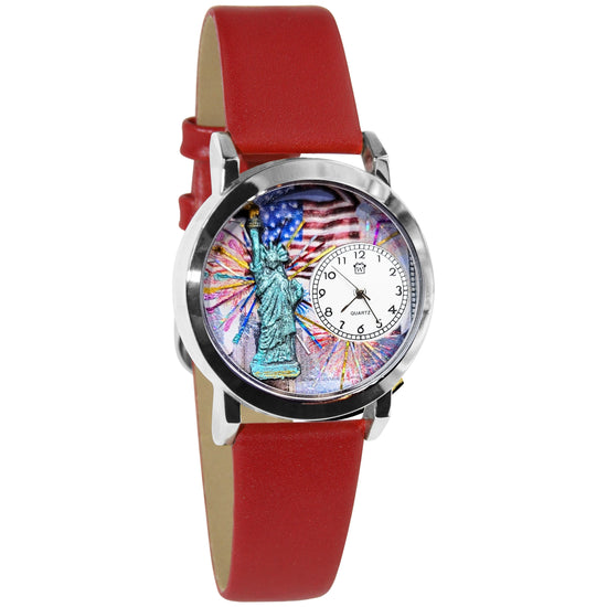 Whimsical Gifts | Statue of Liberty | 4th of July 3D Watch Small Style | Handmade in USA | Patriotic |  | Novelty Unique Fun Miniatures Gift | Silver Finish Red Leather Watch Band