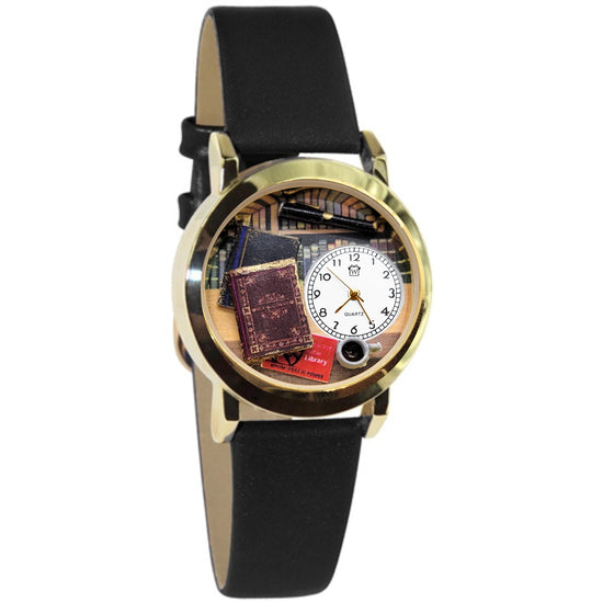 Whimsical Gifts | Book Lover 3D Watch Small Style | Handmade in USA | Hobbies & Special Interests | Arts & Performance | Novelty Unique Fun Miniatures Gift | Gold Finish Black Leather Watch Band