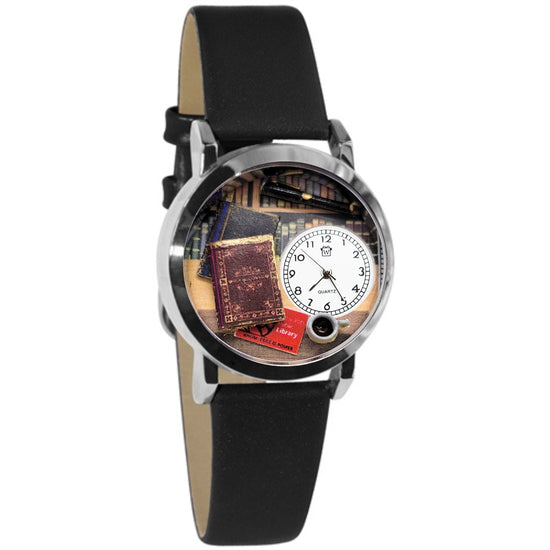 Whimsical Gifts | Book Lover 3D Watch Small Style | Handmade in USA | Hobbies & Special Interests | Arts & Performance | Novelty Unique Fun Miniatures Gift | Silver Finish Black Leather Watch Band