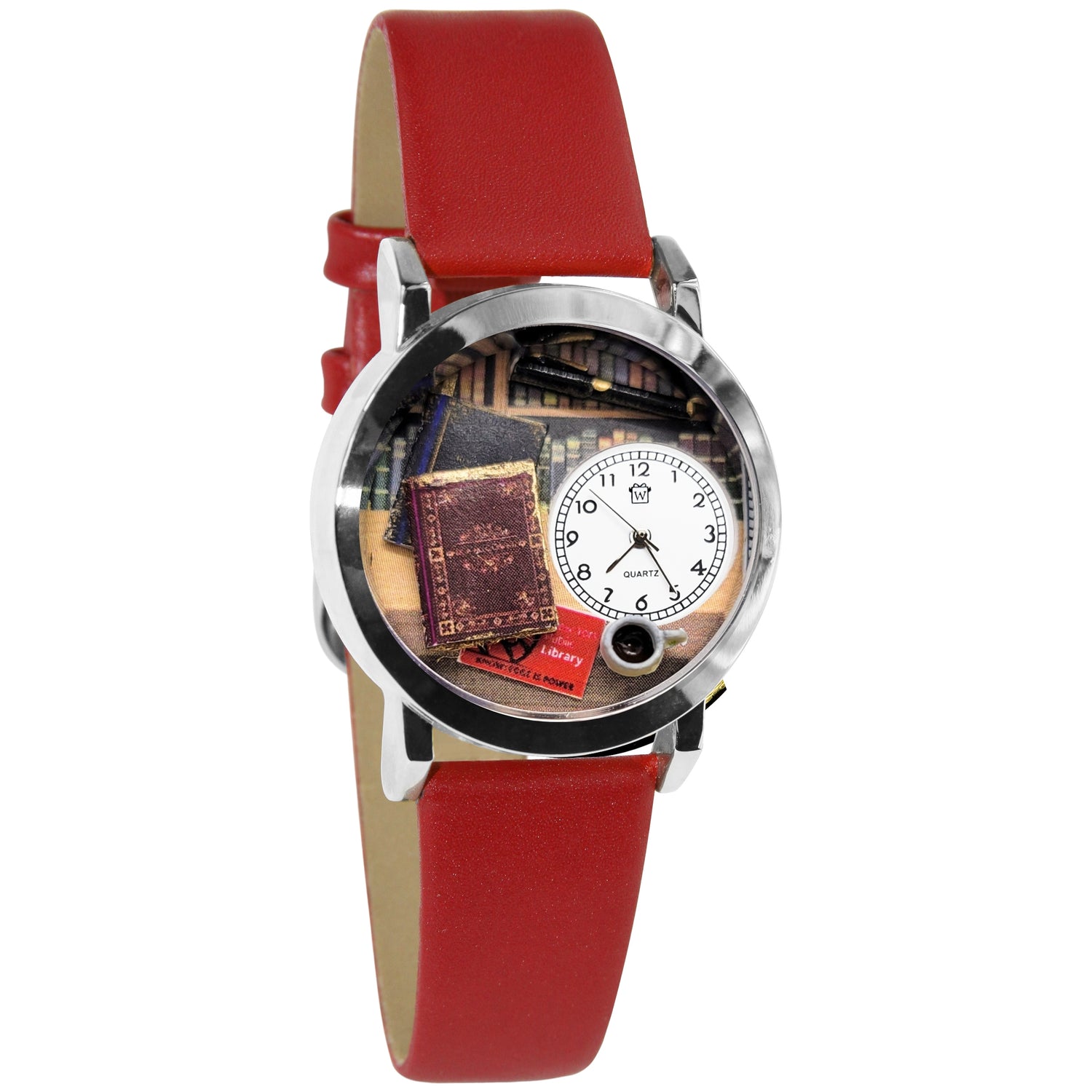 Whimsical Gifts | Book Lover 3D Watch Small Style | Handmade in USA | Hobbies & Special Interests | Arts & Performance | Novelty Unique Fun Miniatures Gift | Silver Finish Red Leather Watch Band