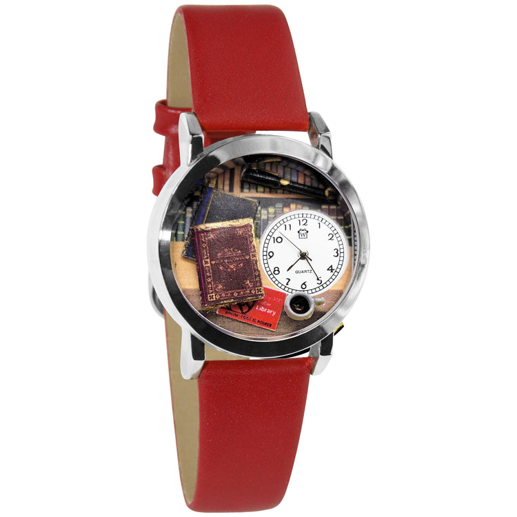 Whimsical Gifts | Book Lover 3D Watch Small Style | Handmade in USA | Hobbies & Special Interests | Arts & Performance | Novelty Unique Fun Miniatures Gift | Silver Finish Red Leather Watch Band