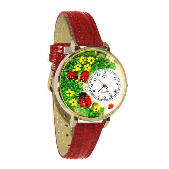 Whimsical Gifts | Ladybugs 3D Watch Large Style | Handmade in USA | Animal Lover | Outdoor & Garden | Novelty Unique Fun Miniatures Gift | Gold Finish Red Leather Watch Band