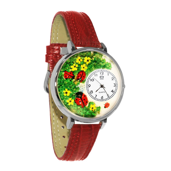 Whimsical Gifts | Ladybugs 3D Watch Large Style | Handmade in USA | Animal Lover | Outdoor & Garden | Novelty Unique Fun Miniatures Gift | Silver Finish Red Leather Watch Band