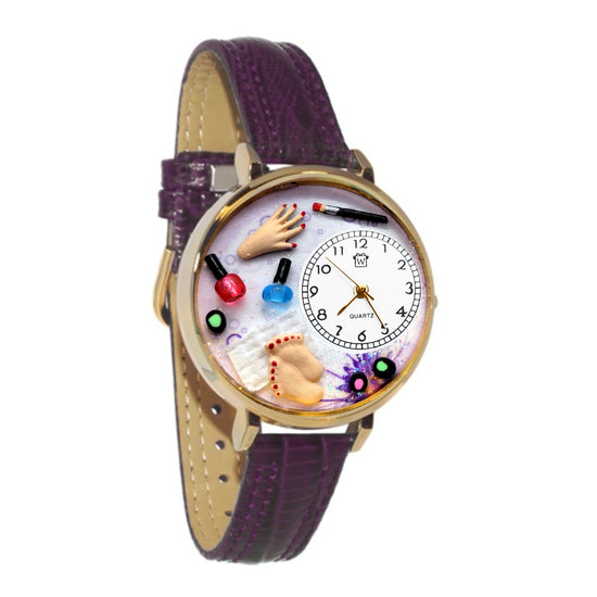 Whimsical Gifts | Nail Tech | Manicurist | 3D Watch Large Style | Handmade in USA | Professions Themed | Salon & Spa Professions | Novelty Unique Fun Miniatures Gift | Gold Finish Purple Leather Watch Band