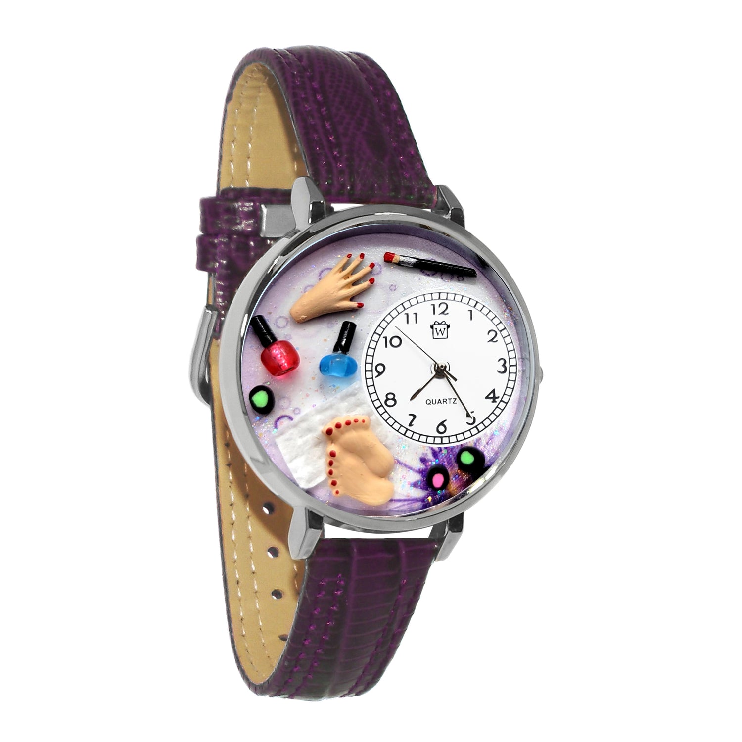 Whimsical Gifts | Nail Tech | Manicurist | 3D Watch Large Style | Handmade in USA | Professions Themed | Salon & Spa Professions | Novelty Unique Fun Miniatures Gift | Silver Finish Purple Leather Watch Band
