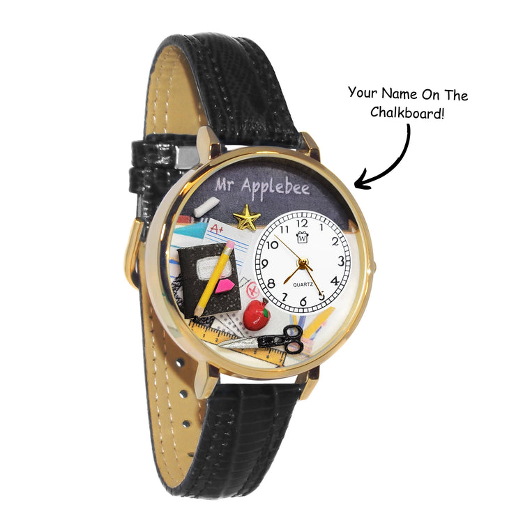 Whimsical Gifts | Personalized Teacher Chalkboard 3D Watch Large Style | Handmade in USA | Professions Themed | Teacher | Novelty Unique Fun Miniatures Gift | Gold Finish Black Leather Watch Band