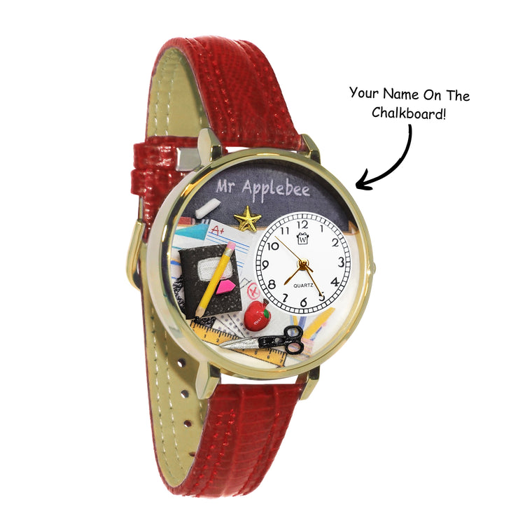 Whimsical Gifts | Personalized Teacher Chalkboard 3D Watch Large Style | Handmade in USA | Professions Themed | Teacher | Novelty Unique Fun Miniatures Gift | Gold Finish Red Leather Watch Band