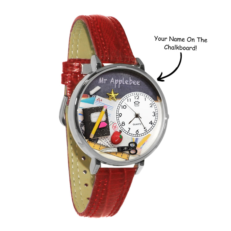 Whimsical Gifts | Personalized Teacher Chalkboard 3D Watch Large Style | Handmade in USA | Professions Themed | Teacher | Novelty Unique Fun Miniatures Gift | Silver Finish Red Leather Watch Band