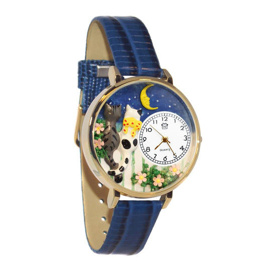 Whimsical Gifts | Cats Nights Out 3D Watch Large Style | Handmade in USA | Animal Lover | Cat Lover | Novelty Unique Fun Miniatures Gift | Gold Finish Royal Blue Leather Watch Band