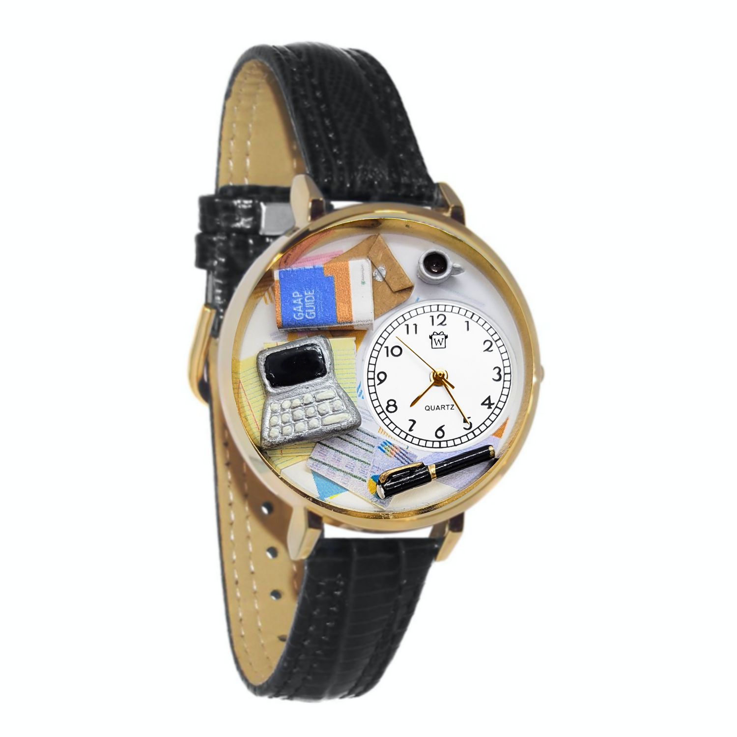 Whimsical Gifts | Accountant 3D Watch Large Style | Handmade in USA | Professions Themed | Business & Legal | Novelty Unique Fun Miniatures Gift | Gold Finish Black Leather Watch Band