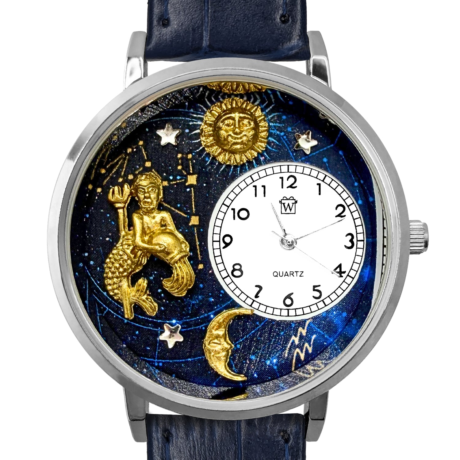 Whimsical Gifts | Aquarius Zodiac 3D Watch Large Style | Handmade in USA | Zodiac & Celestial |  | Novelty Unique Fun Miniatures Gift | Silver Finish 
