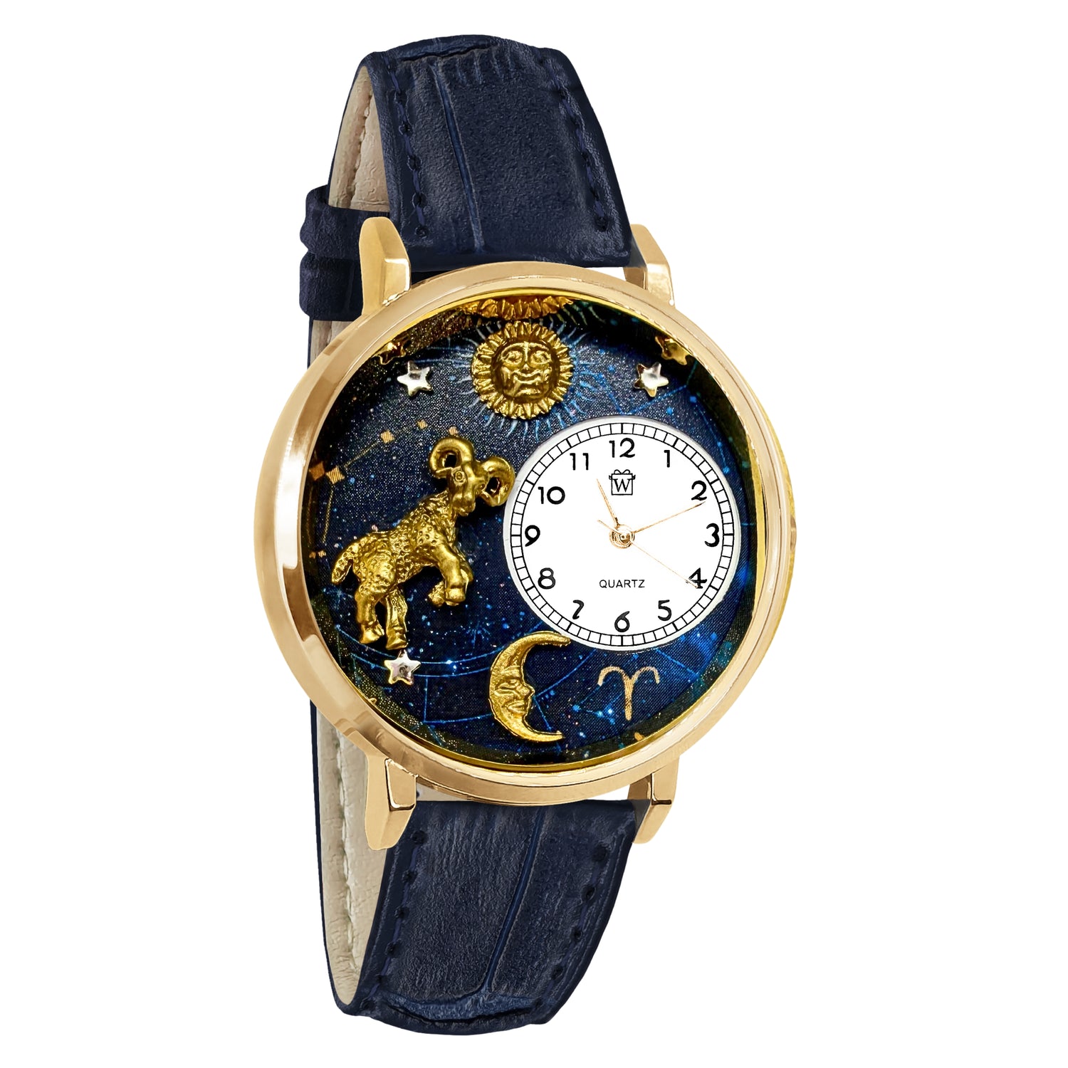 Whimsical Gifts | Aries Zodiac 3D Watch Large Style | Handmade in USA | Zodiac & Celestial |  | Novelty Unique Fun Miniatures Gift | Gold Finish Navy Blue Leather Watch Band