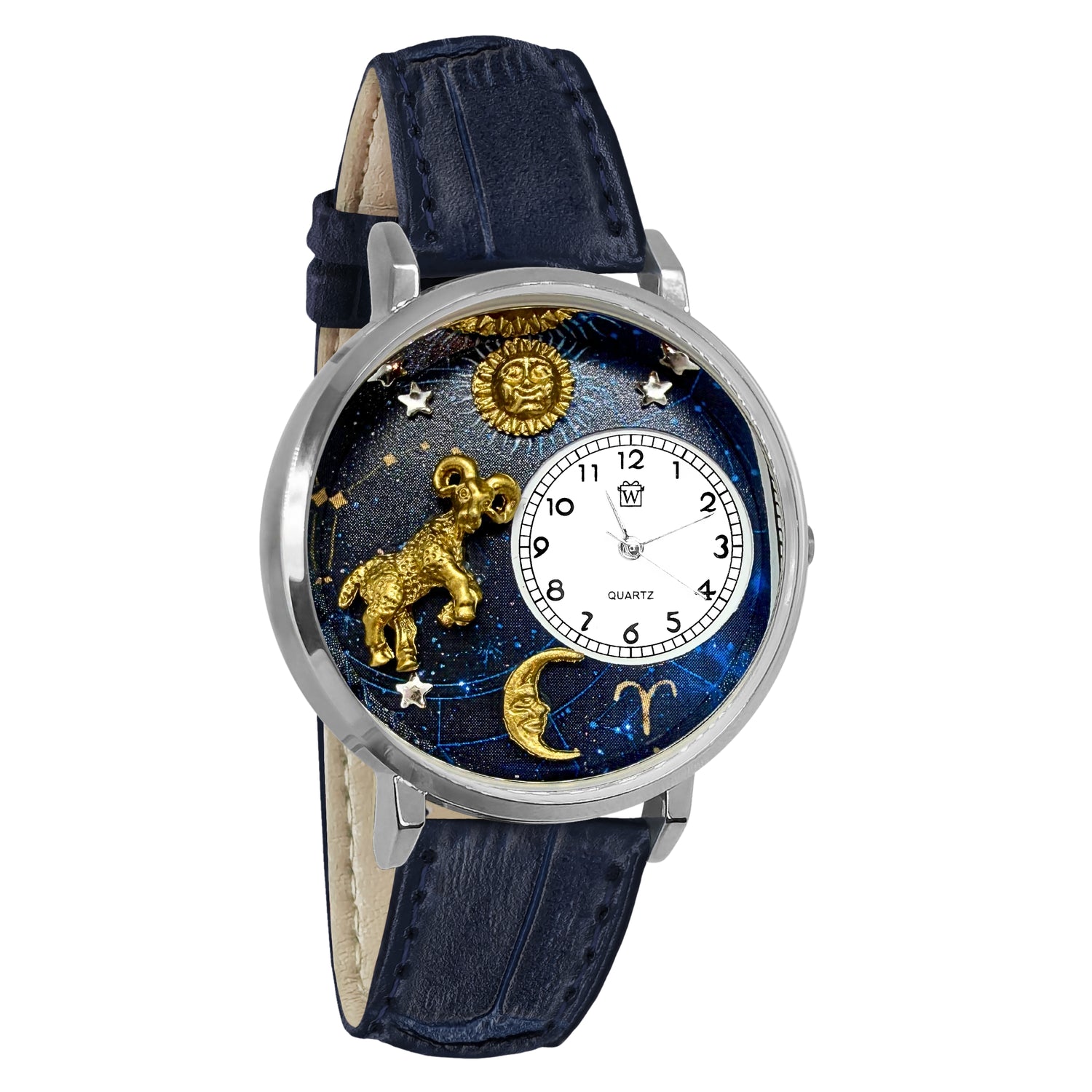 Whimsical Gifts | Aries Zodiac 3D Watch Large Style | Handmade in USA | Zodiac & Celestial |  | Novelty Unique Fun Miniatures Gift | Silver Finish Navy Blue Leather Watch Band