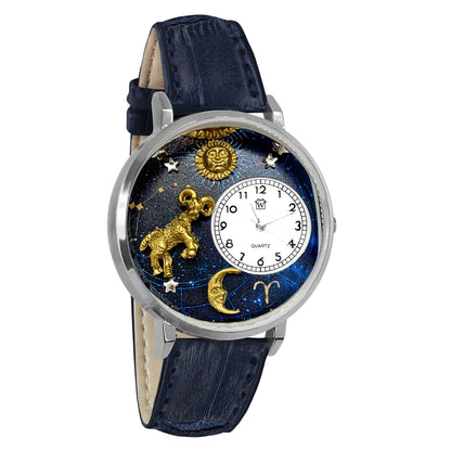 Whimsical Gifts | Aries Zodiac 3D Watch Large Style | Handmade in USA | Zodiac & Celestial |  | Novelty Unique Fun Miniatures Gift | Silver Finish Navy Blue Leather Watch Band