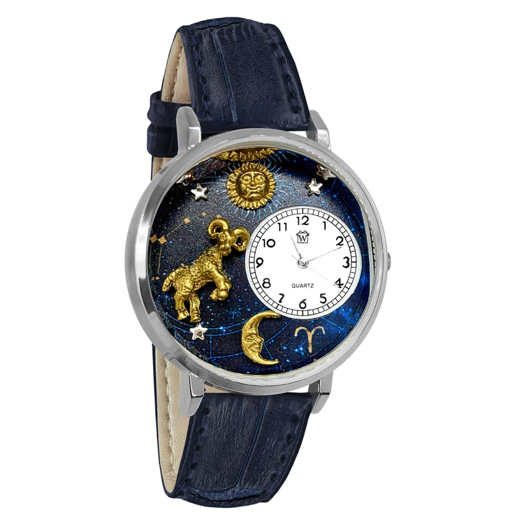 Whimsical Gifts | Aries Zodiac 3D Watch Large Style | Handmade in USA | Zodiac & Celestial |  | Novelty Unique Fun Miniatures Gift | Silver Finish Navy Blue Leather Watch Band