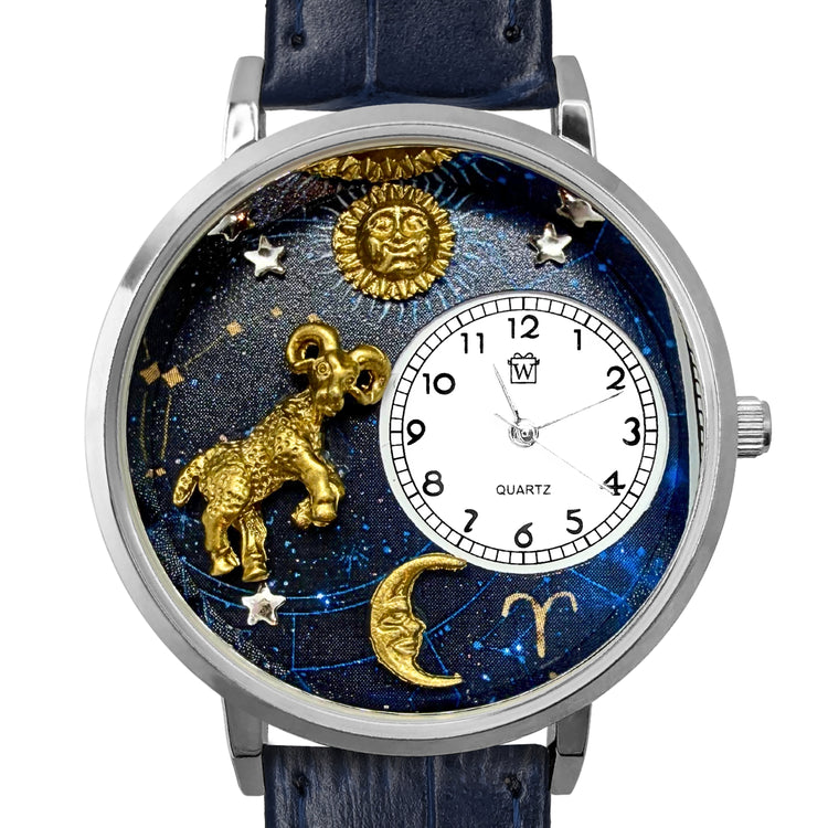 Whimsical Gifts | Aries Zodiac 3D Watch Large Style | Handmade in USA | Zodiac & Celestial |  | Novelty Unique Fun Miniatures Gift | Silver Finish