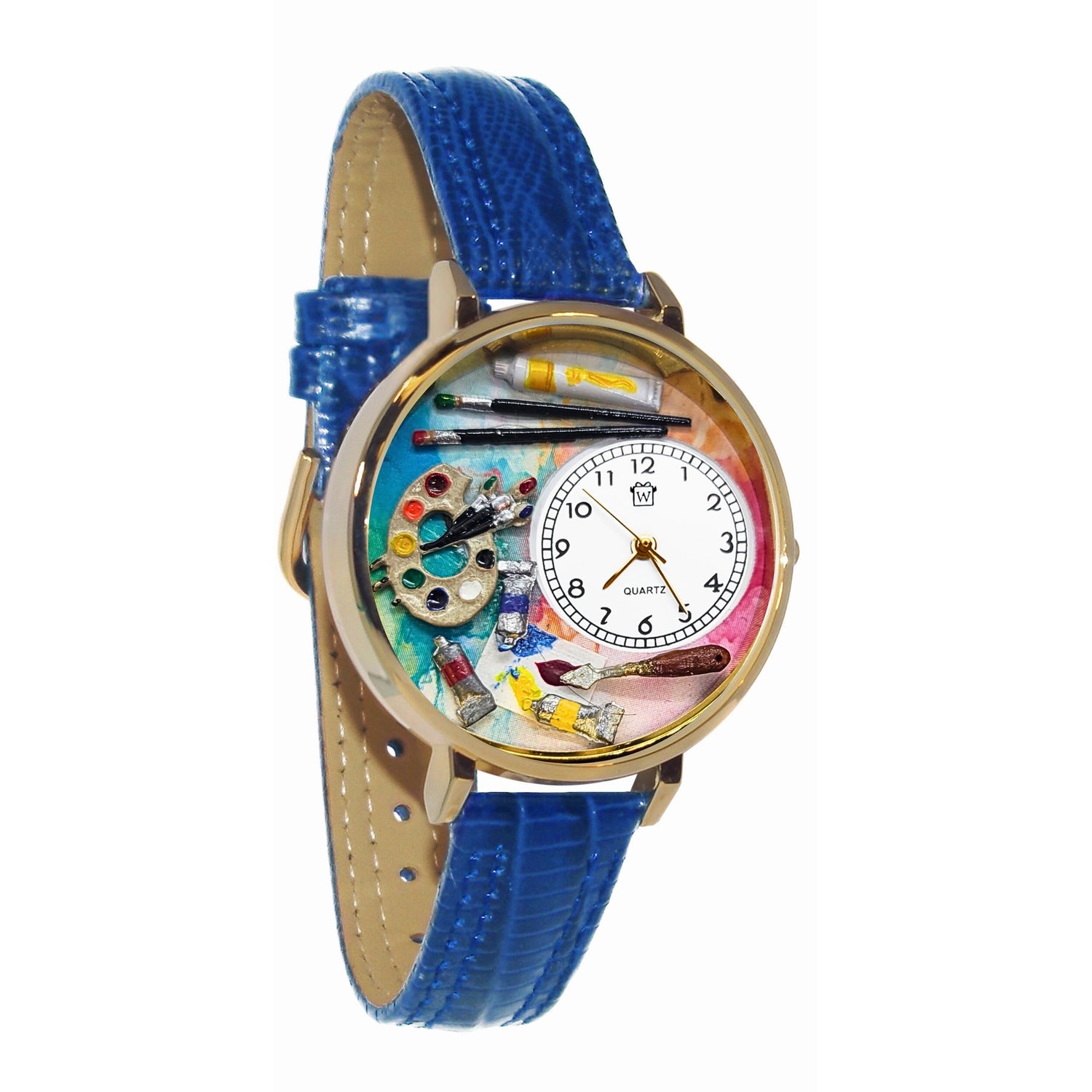 Whimsical Gifts | Artist Palette Bright and Bold 3D Watch Large Style | Handmade in USA | Artist |  | Novelty Unique Fun Miniatures Gift | Gold Finish Blue Leather Watch Band