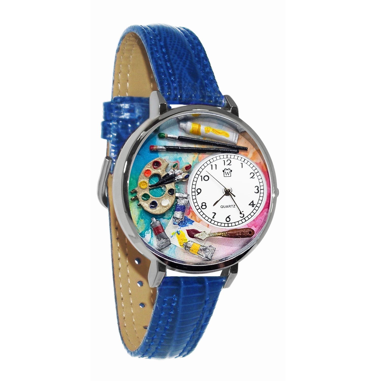 Whimsical Gifts | Artist Palette Bright and Bold 3D Watch Large Style | Handmade in USA | Artist |  | Novelty Unique Fun Miniatures Gift | Silver Finish Blue Leather Watch Band
