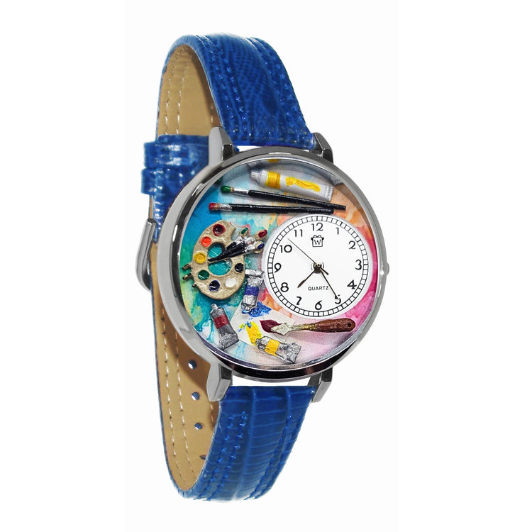 Whimsical Gifts | Artist Palette Bright and Bold 3D Watch Large Style | Handmade in USA | Artist |  | Novelty Unique Fun Miniatures Gift | Silver Finish Blue Leather Watch Band