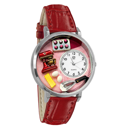 Whimsical Gifts | Baking Mixer Cupcake 3D Watch Large Style | Handmade in USA | Hobbies & Special Interests | Chef | Cooking | Baking | Novelty Unique Fun Miniatures Gift | Silver Finish Red Leather Watch Band