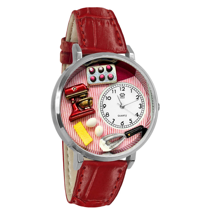 Whimsical Gifts | Baking Mixer Cupcake 3D Watch Large Style | Handmade in USA | Hobbies & Special Interests | Chef | Cooking | Baking | Novelty Unique Fun Miniatures Gift | Silver Finish Red Leather Watch Band