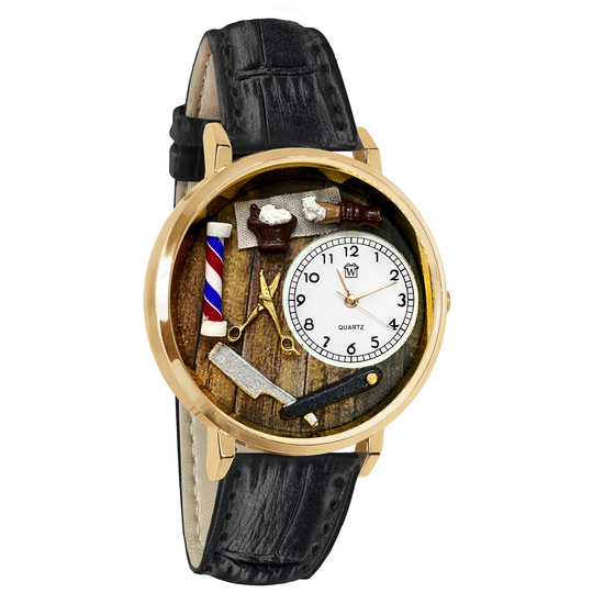 Whimsical Gifts | Barber 3D Watch Large Style | Handmade in USA | Professions Themed | Salon & Spa Professions | Novelty Unique Fun Miniatures Gift | Gold Finish Black Leather Watch Band