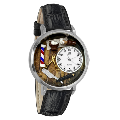 Whimsical Gifts | Barber 3D Watch Large Style | Handmade in USA | Professions Themed | Salon & Spa Professions | Novelty Unique Fun Miniatures Gift | Silver Finish Black Leather Watch Band