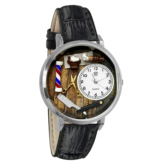 Whimsical Gifts | Barber 3D Watch Large Style | Handmade in USA | Professions Themed | Salon & Spa Professions | Novelty Unique Fun Miniatures Gift | Silver Finish Black Leather Watch Band