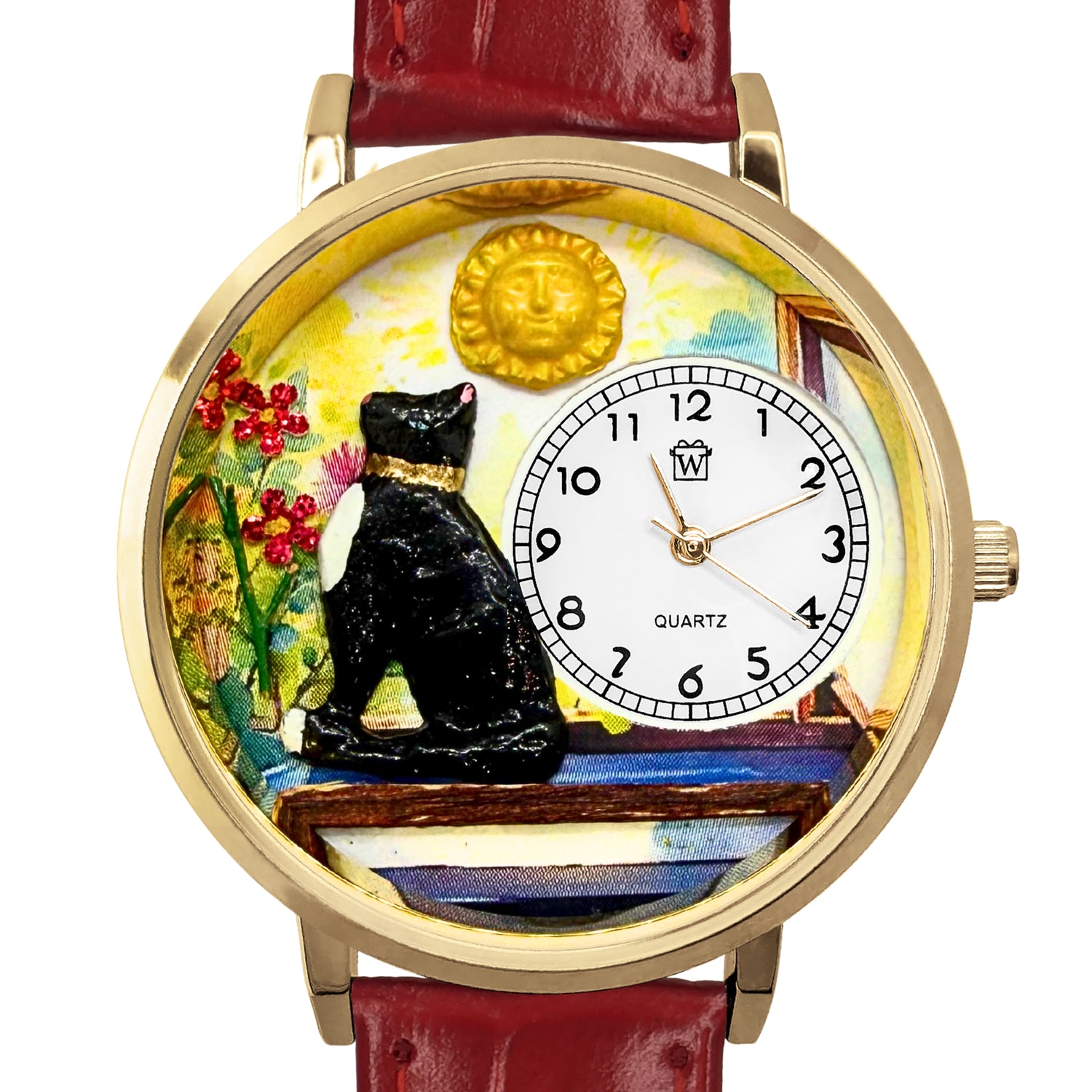 Whimsical Gifts | Basking Cat 3D Watch Large Style | Handmade in USA | Animal Lover | Cat Lover | Novelty Unique Fun Miniatures Gift | Gold Finish Red Leather Watch Band Front View