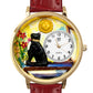 Whimsical Gifts | Basking Cat 3D Watch Large Style | Handmade in USA | Animal Lover | Cat Lover | Novelty Unique Fun Miniatures Gift | Gold Finish Red Leather Watch Band Front View