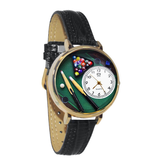 Whimsical Gifts | Billiards 3D Watch Large Style | Handmade in USA | Hobbies & Special Interests | Casino | Gaming | Game Night | Novelty Unique Fun Miniatures Gift | Gold Finish Black Leather Watch Band