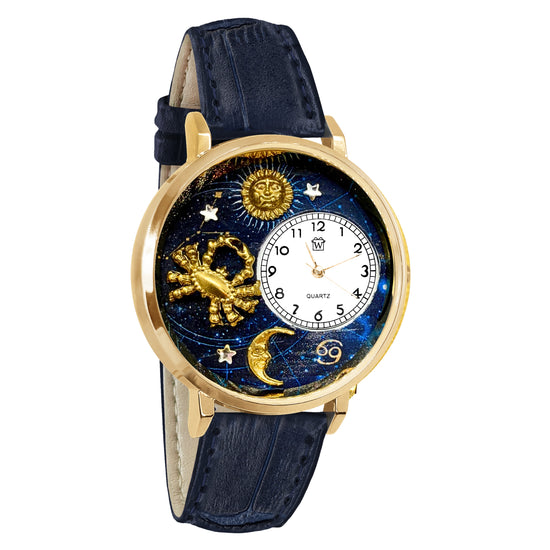 Whimsical Gifts | Cancer Zodiac 3D Watch Large Style | Handmade in USA | Zodiac & Celestial |  | Novelty Unique Fun Miniatures Gift | Gold Finish Navy Blue Leather Watch Band
